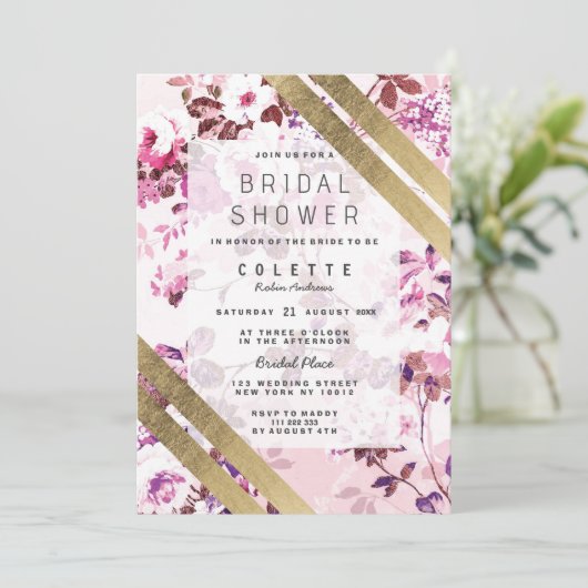 エレガント金ゴールドピンクフローラストライプのブライダルシャワー 招待状 (スタンド正面)