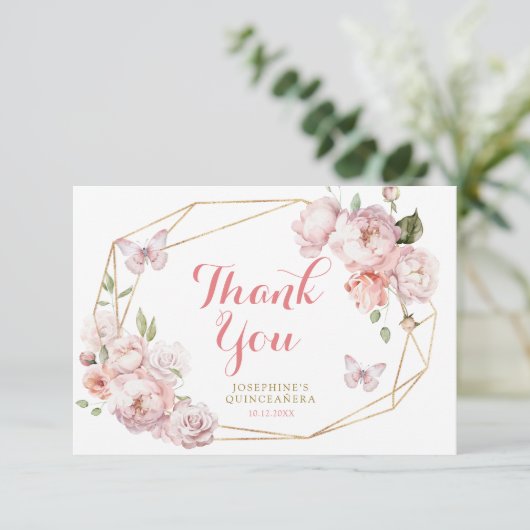 エレガント金ゴールドピンクフローラミカンス サンキューカード (スタンド正面)
