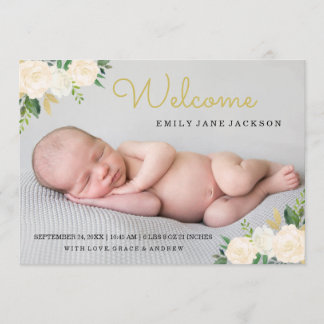 エレガント金ゴールドピンクフローラ写真の生誕発表 案内状