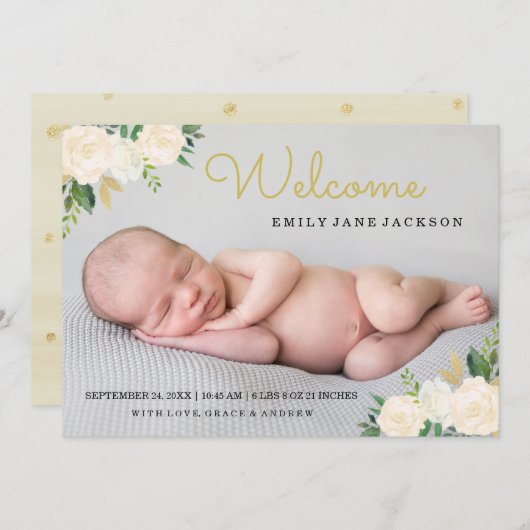 エレガント金ゴールドピンクフローラ写真の生誕発表 案内状 (正面/裏面)