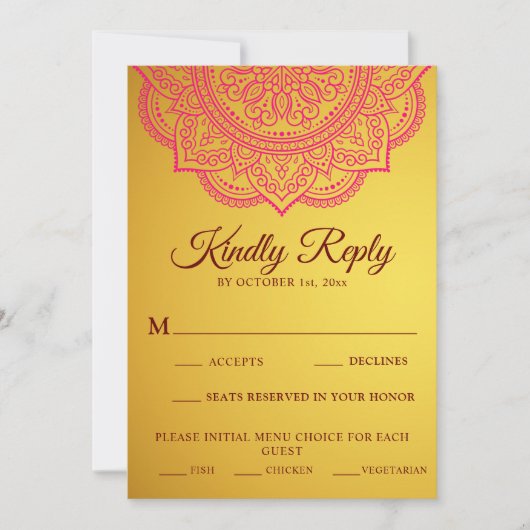 エレガント金ゴールドピンクペイズリーインディアンウェディングRSVP (正面)