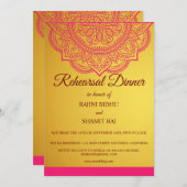 エレガント金ゴールドピンクペイズリーインディアンリハーサルディナー 招待状 (正面/裏面)