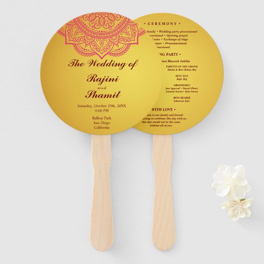 エレガント金ゴールドピンクペイズリーインディアン結婚式 プログラムH ハンドファン (正面&裏面)