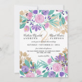 エレガント金ゴールドピンク紫フローラウォーター結婚カラー 招待状 (正面)