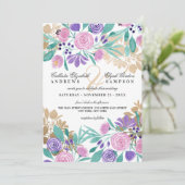 エレガント金ゴールドピンク紫フローラウォーター結婚カラー 招待状 (スタンド正面)