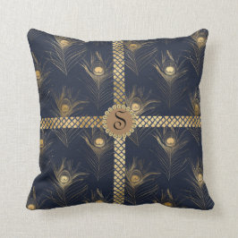 エレガント金ゴールドピーコックブルーモノグラムグラきらきら光るム クッション