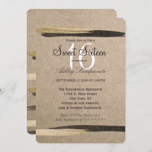 エレガント金ゴールドフェイクとブラックストローク 招待状 (正面/裏面)