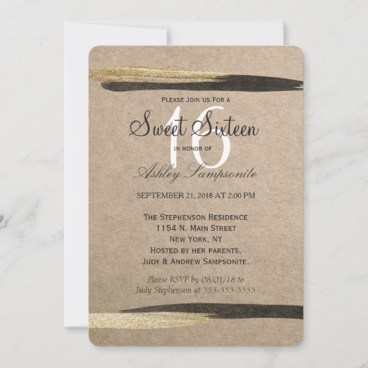 エレガント金ゴールドフェイクとブラックストローク 招待状 (正面)