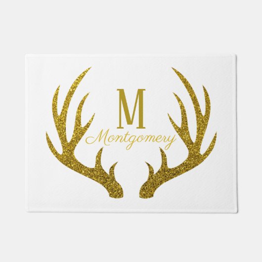 エレガント金ゴールドフェイクグリッターディアー〔雄ジカの〕枝角&ホワイト ドアマット (正面)