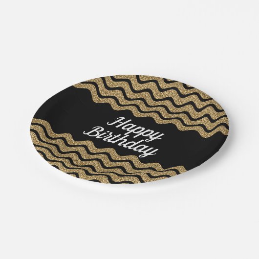 エレガント金ゴールドフェイクグリッターブラックストライプ誕生日 ペーパープレート (アングル)