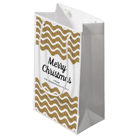 エレガント金ゴールドフェイクグリッターメリークリスマス スモールペーパーバッグ (正面アングル)