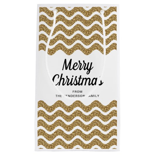 エレガント金ゴールドフェイクグリッターメリークリスマス スモールペーパーバッグ (正面)