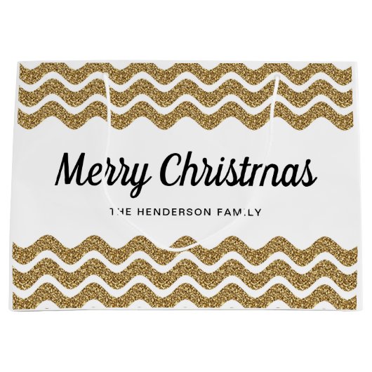 エレガント金ゴールドフェイクグリッターメリークリスマス ラージペーパーバッグ (正面)