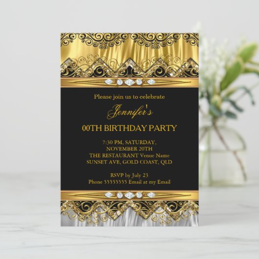 エレガント金ゴールドフェイクシルバーブラックダイヤモンド招待状 招待状 (スタンド正面)