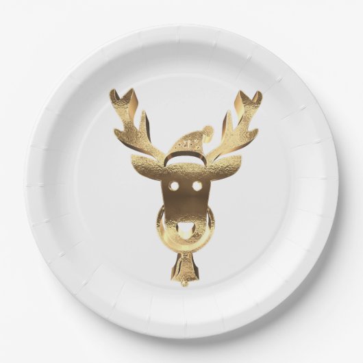 エレガント金ゴールドフェイクトナカイSanta Hatクリスマス ペーパープレート (正面)