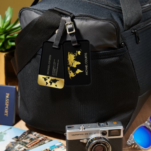 エレガント金ゴールドフェイクトラベルの世界地図パーソナライズされた ラゲッジタグ (正面&裏面)
