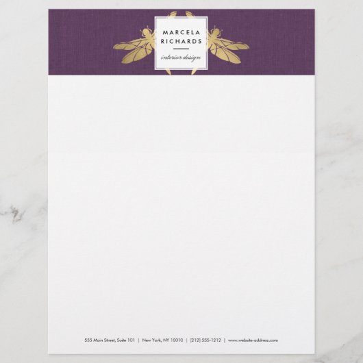 エレガント金ゴールドフェイクドラゴンフライデュオオンパープルリネン レターヘッド (正面)