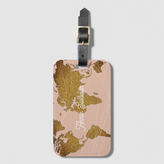 エレガント金ゴールドフェイクマップほこりっぽいバラ旅行 ラゲッジタグ (正面縦)