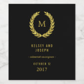 エレガント金ゴールドフェイクローレルリースオンブラック | 結婚s ワインラベル (シングルラベル)