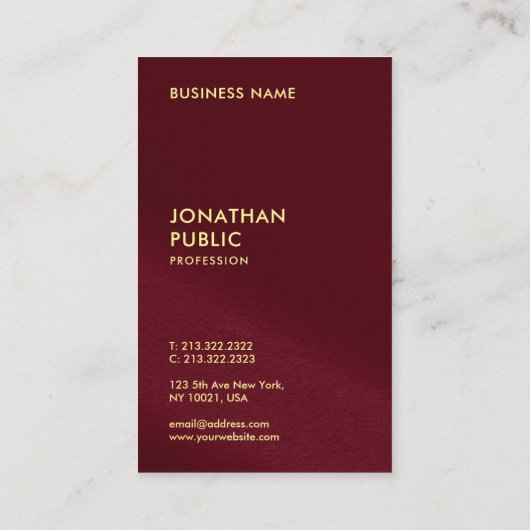 エレガント金ゴールドフェイク文字テンプレートブルガンディレッドラックス 名刺 (裏面)