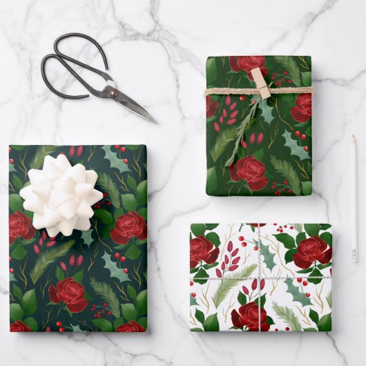 エレガント金ゴールドフェイク水色バラパインベリー ラッピングペーパーシート (正面)