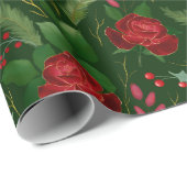 エレガント金ゴールドフェイク水色バラパインベリー ラッピングペーパー (ロールコーナー)