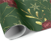 エレガント金ゴールドフェイク緑フローラ水彩バラ ラッピングペーパー (ロールコーナー)