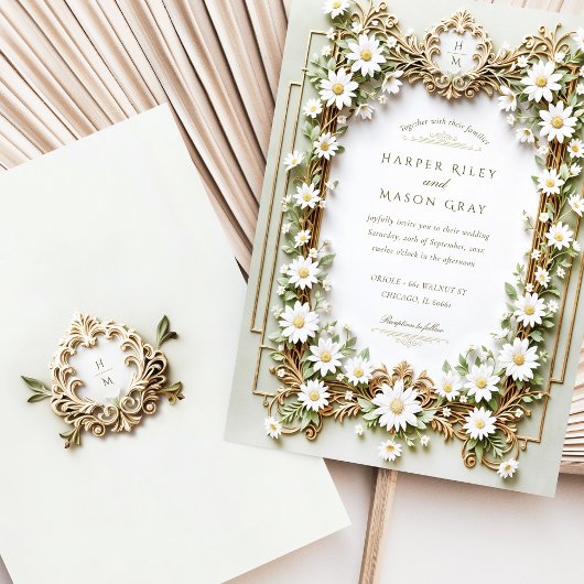 エレガント金ゴールドフェイク詳細結婚デイジー 招待状