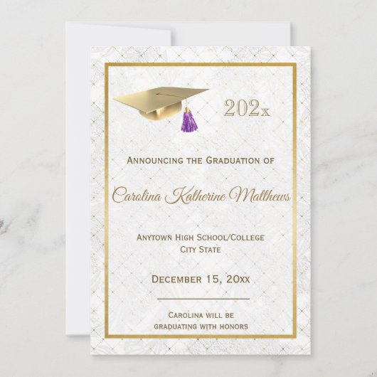 エレガント金ゴールドフォトキャップパープル卒業 案内状 (正面)