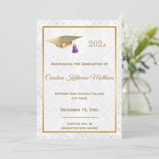 エレガント金ゴールドフォトキャップパープル卒業 案内状 (スタンド正面)