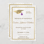 エレガント金ゴールドフォトキャップパープル卒業 案内状 (正面/裏面)