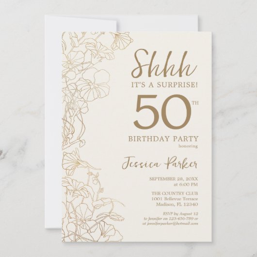 エレガント金ゴールドフォトサプライズ50誕生日 招待状 (正面)