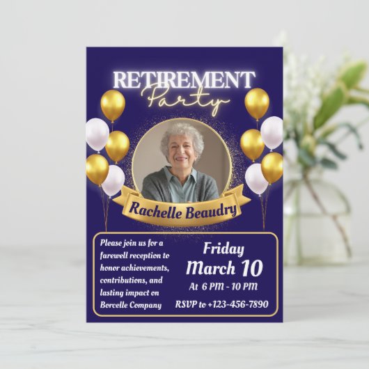 エレガント金ゴールドフォトバナー退職パーティー 招待状 (スタンド正面)