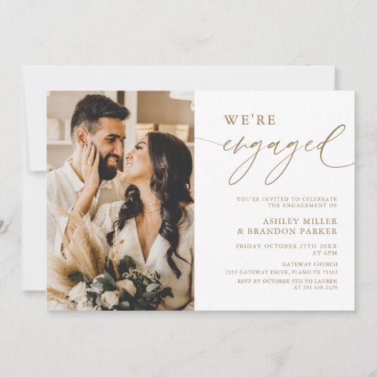 エレガント金ゴールドフォト婚約パーティ招待状 招待状 (正面)