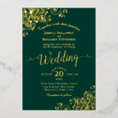 エレガント金ゴールドフリルオンエメラルドグリーン結婚ズ 箔招待状 (正面)
