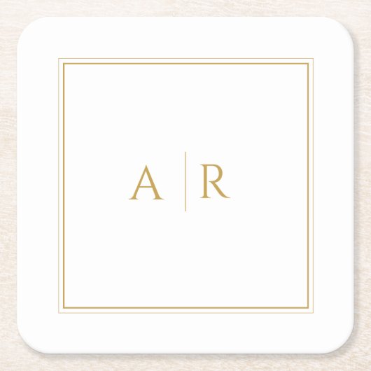 エレガント金ゴールドフレームとイニシャル結婚式の引き出物 スクエアペーパーコースター (正面)