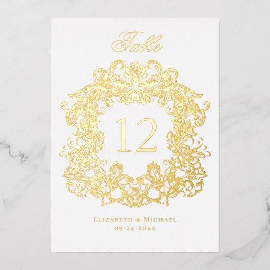 エレガント金ゴールドフレームのヴィンテージ結婚式テーブル番号 箔招待状 (正面)