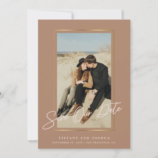 エレガント金ゴールドフレームほこりっぽいバラ写真結婚の セーブザデート (正面)