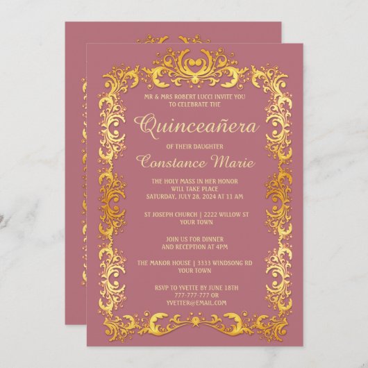 エレガント金ゴールドフレームキンセアニェラ招待状 招待状 (正面/裏面)