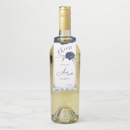 エレガント金ゴールドフレームネイビーブルーバラ結婚ズ ボトルネックタグ (ボトル)