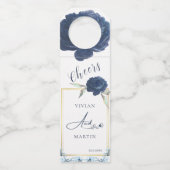 エレガント金ゴールドフレームネイビーブルーバラ結婚ズ ボトルネックタグ (正面)