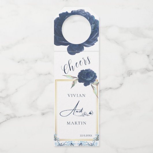 エレガント金ゴールドフレームネイビーブルーバラ結婚ズ ボトルネックタグ (正面)