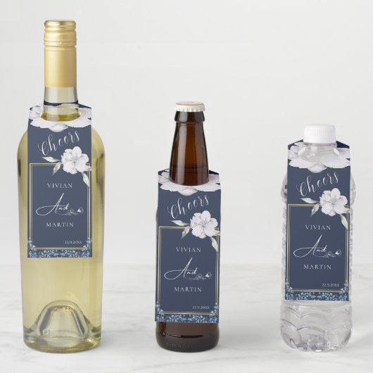 エレガント金ゴールドフレームネイビーブルーバラ結婚ズ ボトルネックタグ (インサイチュ)