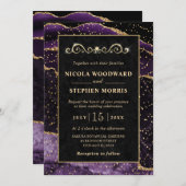 エレガント金ゴールドフレームパープルアゲ結婚ート 招待状 (正面/裏面)