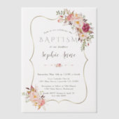 エレガント金ゴールドフレームピンク赤面花女の子バプテスマ ベラム紙招待状 (正面)
