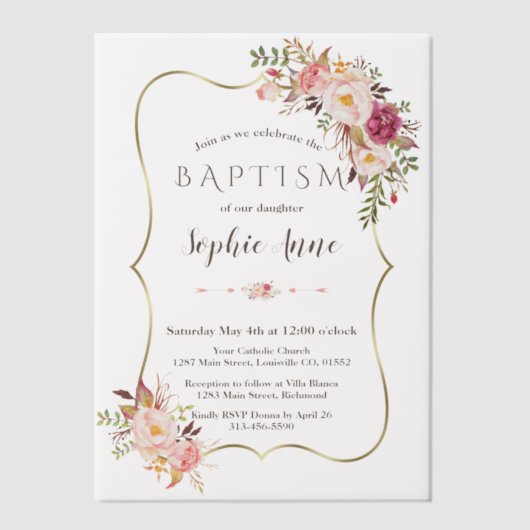 エレガント金ゴールドフレームピンク赤面花女の子バプテスマ ベラム紙招待状 (正面)