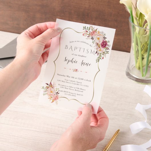 エレガント金ゴールドフレームピンク赤面花女の子バプテスマ ベラム紙招待状 (ポータブル)