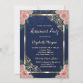 エレガント金ゴールドフレームフローラネイビーブルー退職 招待状 (正面)