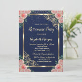 エレガント金ゴールドフレームフローラネイビーブルー退職 招待状 (スタンド正面)