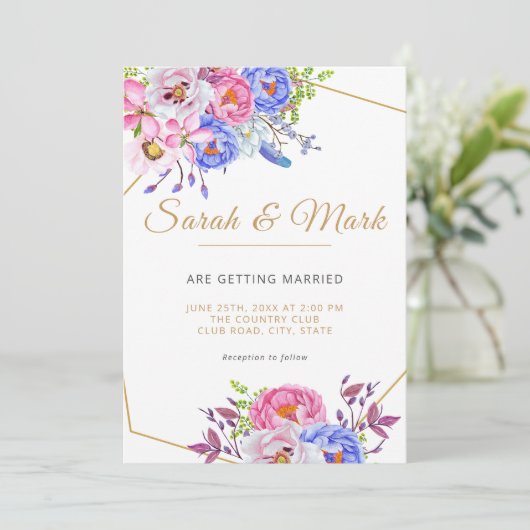 エレガント金ゴールドフレームフローラ結婚式招待状カード 招待状 (スタンド正面)